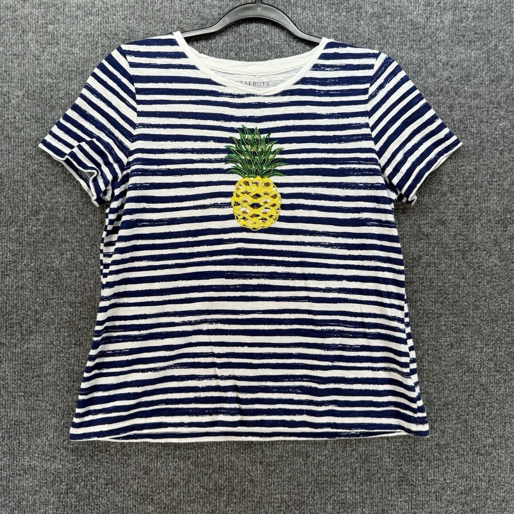 Talbots Petite Top Size Mp Blue Striped Pineapple Beaded Cotton Preppy Nautical